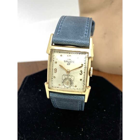 Bulova Accessories - Gruen 21 Precision Watch Vintage 335-672 Mechanical Tank Gold Blue Leather Band